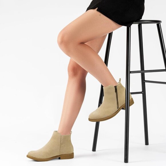 Women's Beige Sand Ankle Boots Short Flat Low Heel Dress Chelsea Casual Classic - Picture 6 of 9